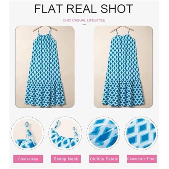 Women's Summer Dress Spaghetti Strap Smocked Ruffle Flowy Boho Maxi Dress - Picture 3 of 6